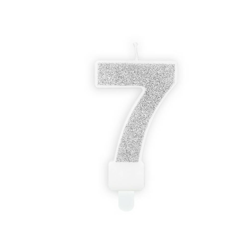 7 Jaar Kaarsje Zilver & Glitter - per stuk - 7 cm