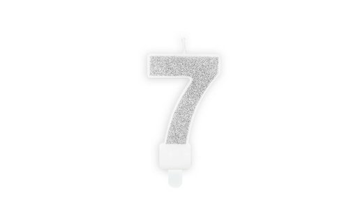 7 Jaar Kaarsje Zilver & Glitter - per stuk - 7 cm