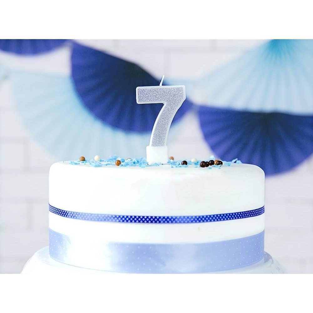 7 Jaar Kaarsje Zilver & Glitter - per stuk - 7 cm