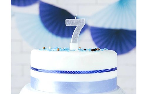 7 Jaar Kaarsje Zilver & Glitter - per stuk - 7 cm