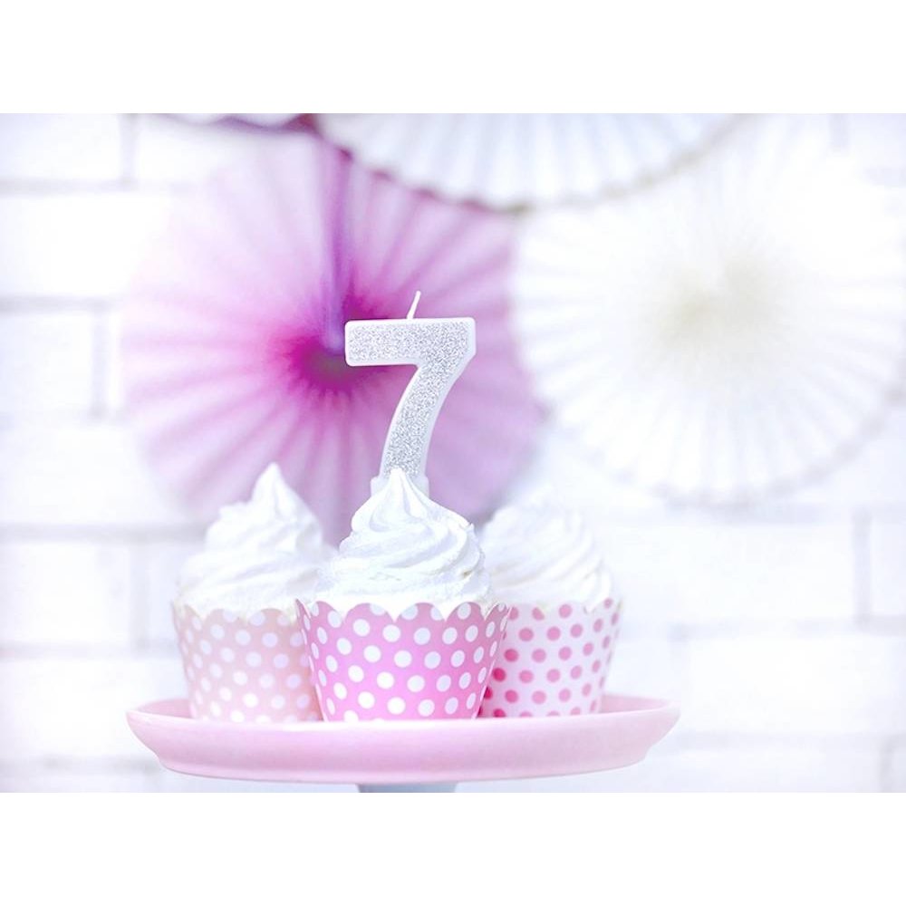 7 Jaar Kaarsje Zilver & Glitter - per stuk - 7 cm