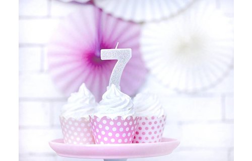 7 Jaar Kaarsje Zilver & Glitter - per stuk - 7 cm