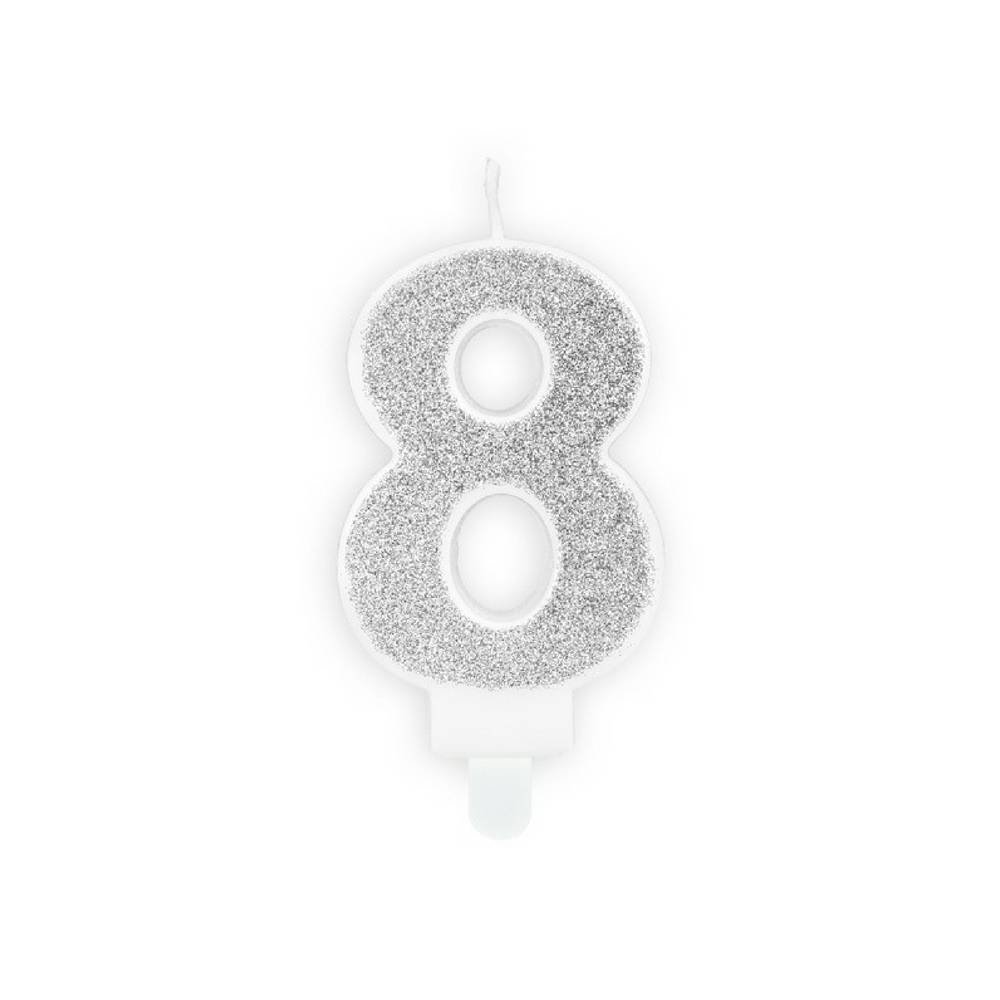 8 Jaar Kaarsje Zilver & Glitter - per stuk - 7 cm