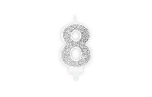8 Jaar Kaarsje Zilver & Glitter - per stuk - 7 cm