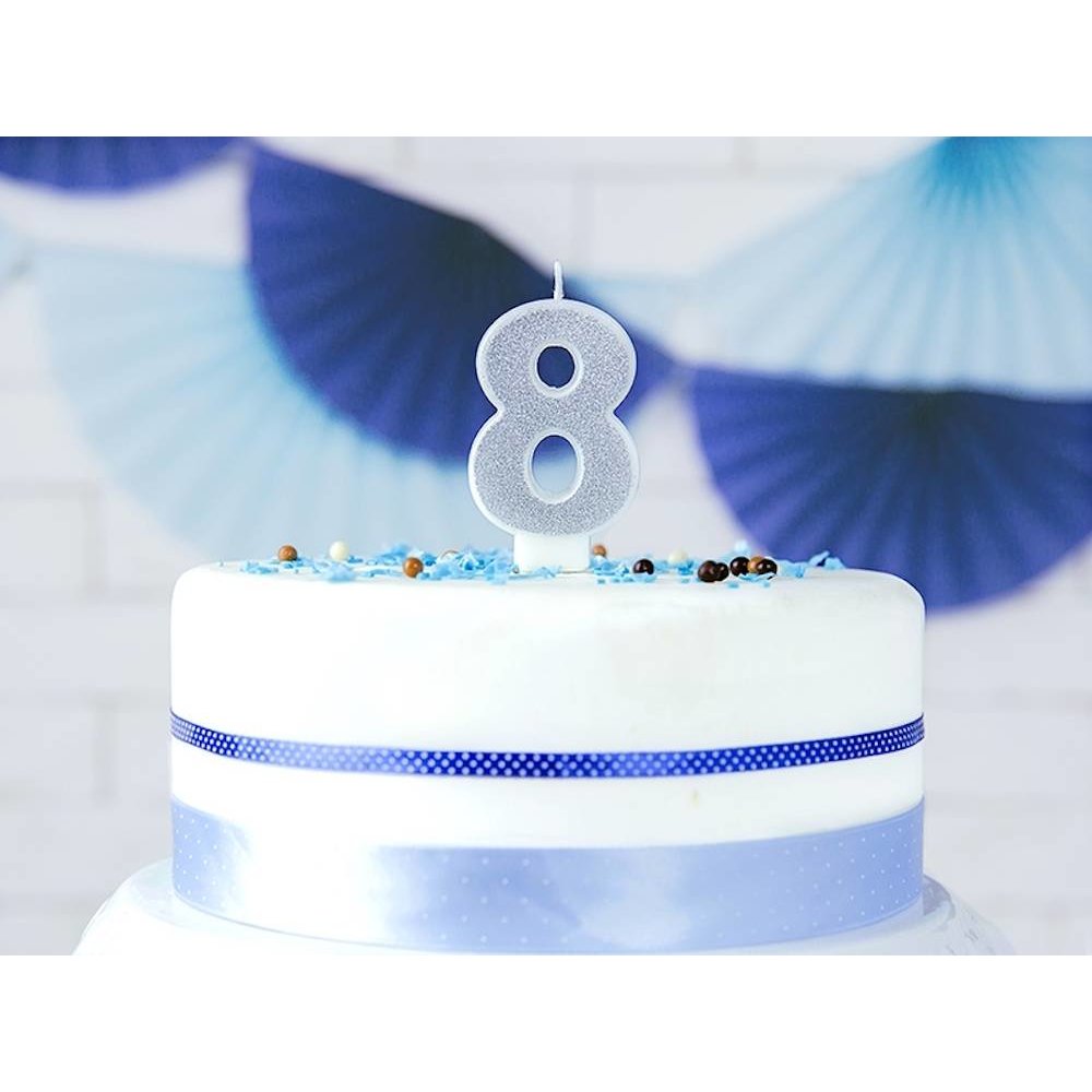 8 Jaar Kaarsje Zilver & Glitter - per stuk - 7 cm