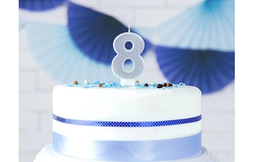 8 Jaar Kaarsje Zilver & Glitter - per stuk - 7 cm