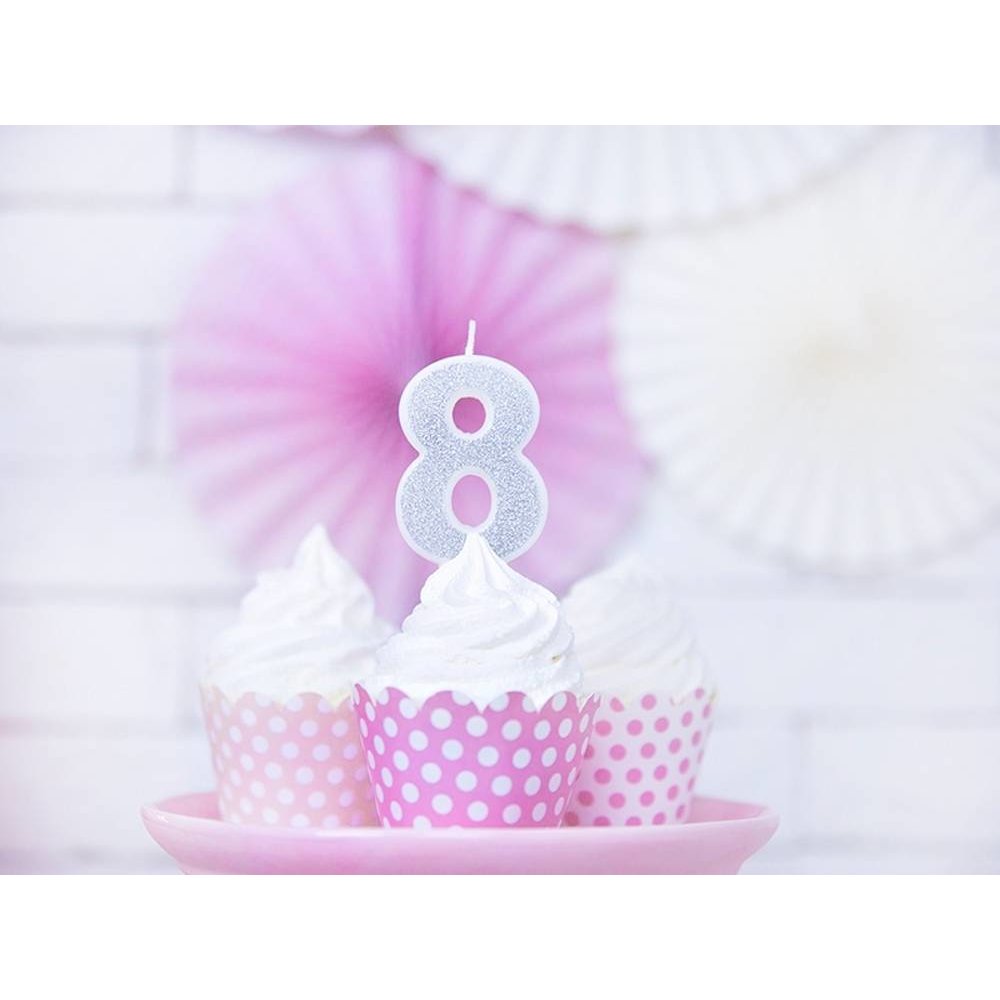 8 Jaar Kaarsje Zilver & Glitter - per stuk - 7 cm