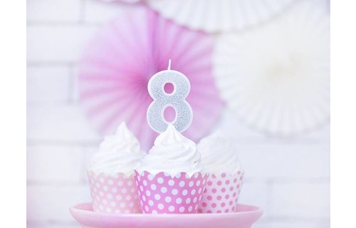 8 Jaar Kaarsje Zilver & Glitter - per stuk - 7 cm