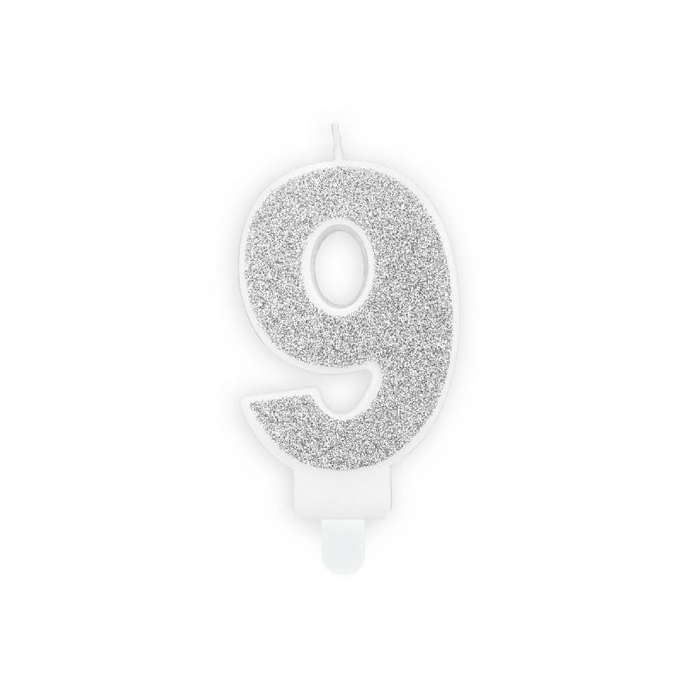 9 Jaar Kaarsje Zilver & Glitter - per stuk - 7 cm