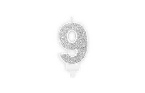9 Jaar Kaarsje Zilver & Glitter - per stuk - 7 cm