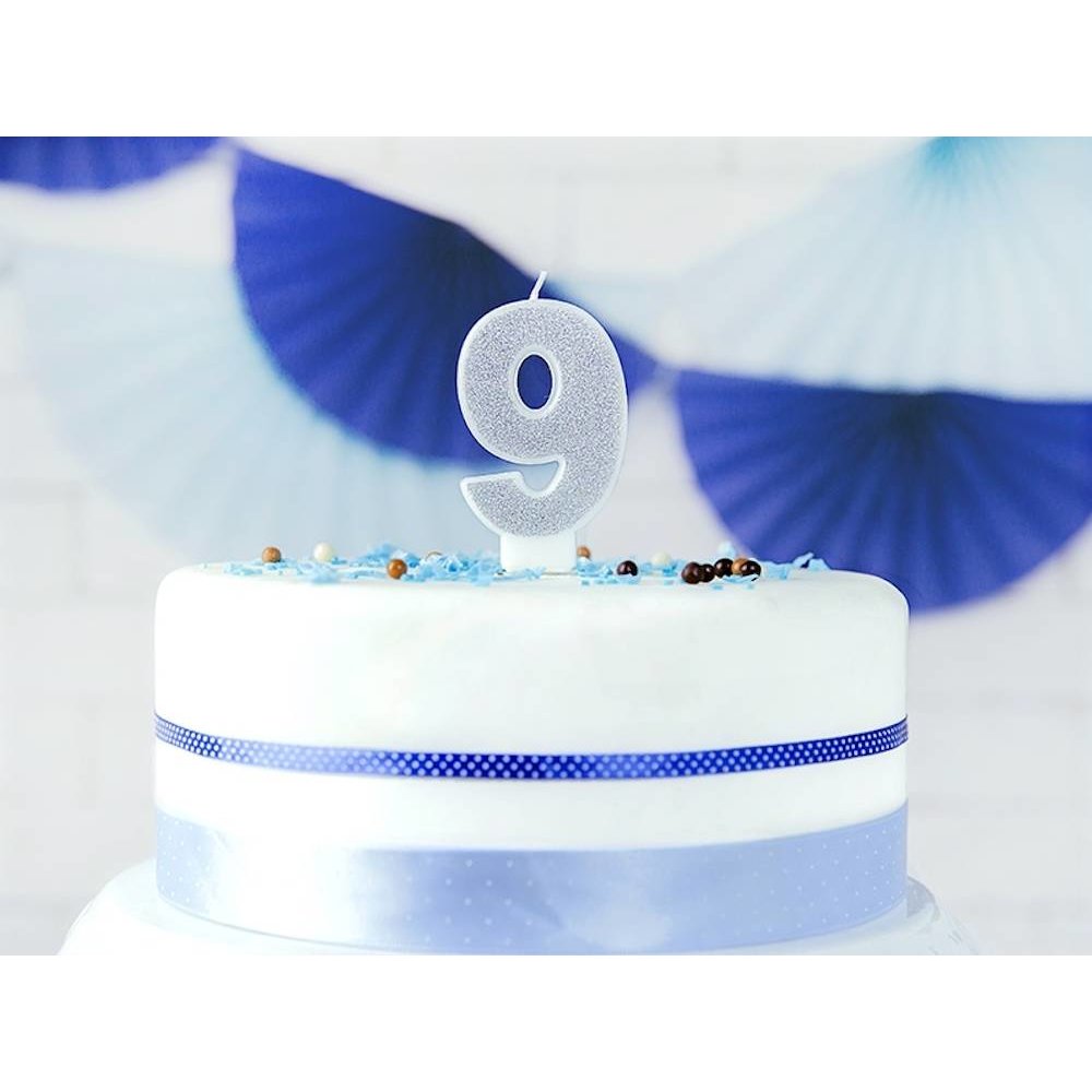 9 Jaar Kaarsje Zilver & Glitter - per stuk - 7 cm
