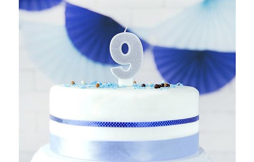 9 Jaar Kaarsje Zilver & Glitter - per stuk - 7 cm