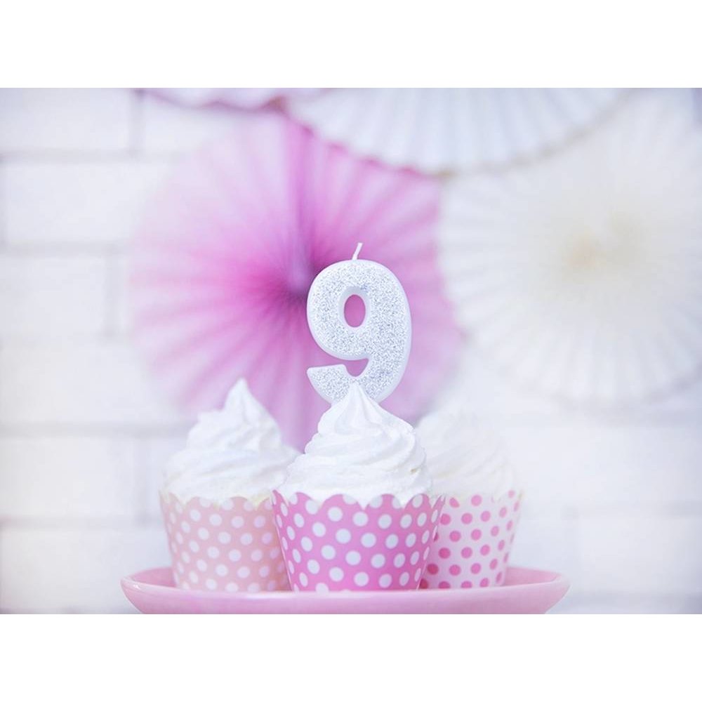 9 Jaar Kaarsje Zilver & Glitter - per stuk - 7 cm