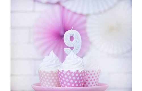 9 Jaar Kaarsje Zilver & Glitter - per stuk - 7 cm