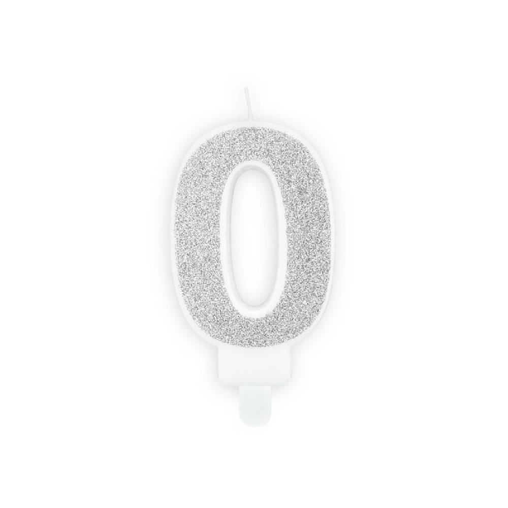 Cijfer 0 Kaarsje Zilver & Glitter - per stuk - 7 cm