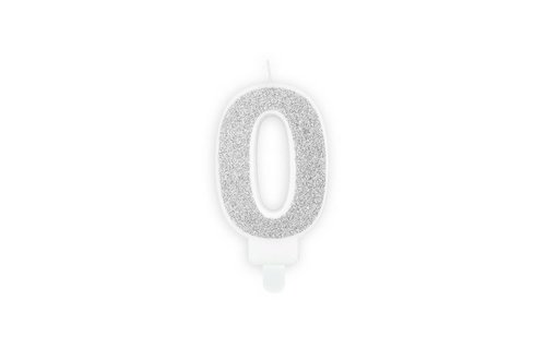 Cijfer 0 Kaarsje Zilver & Glitter - per stuk - 7 cm