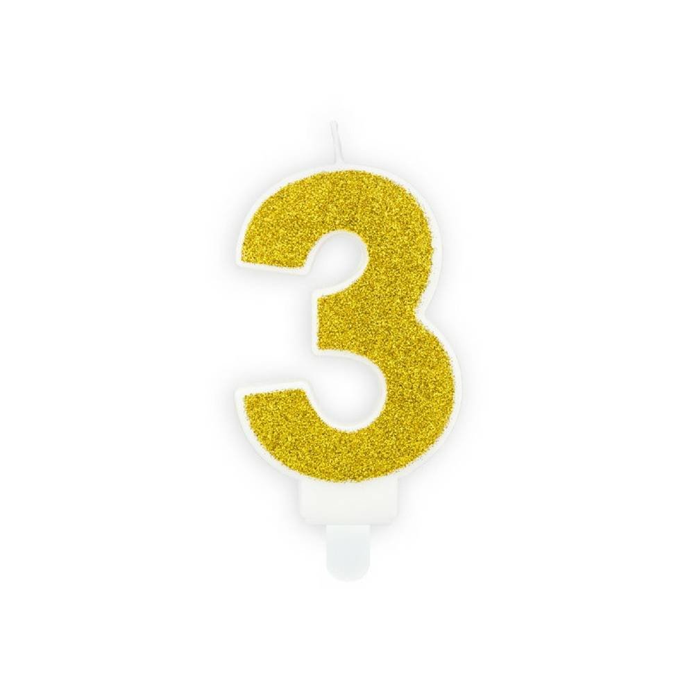 3 Jaar Kaarsje Goud & Glitter - per stuk - 7 cm