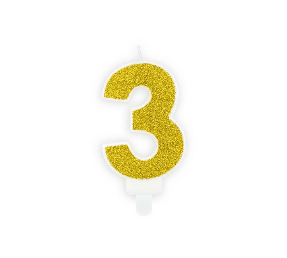 3 Jaar Kaarsje Goud & Glitter - per stuk - 7 cm