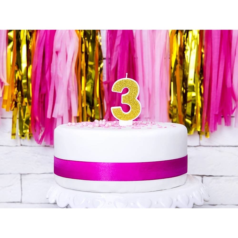 3 Jaar Kaarsje Goud & Glitter - per stuk - 7 cm