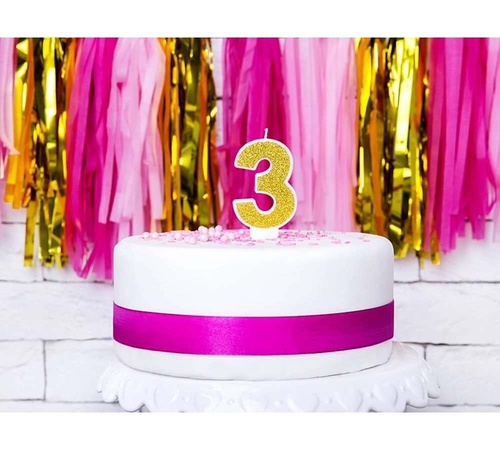 3 Jaar Kaarsje Goud & Glitter - per stuk - 7 cm