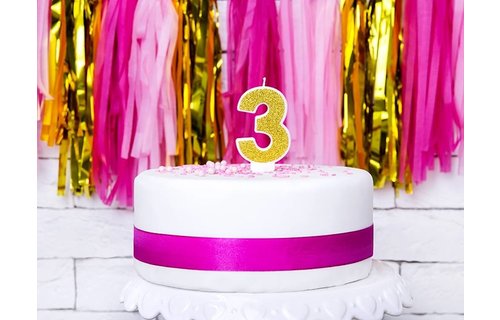 3 Jaar Kaarsje Goud & Glitter - per stuk - 7 cm