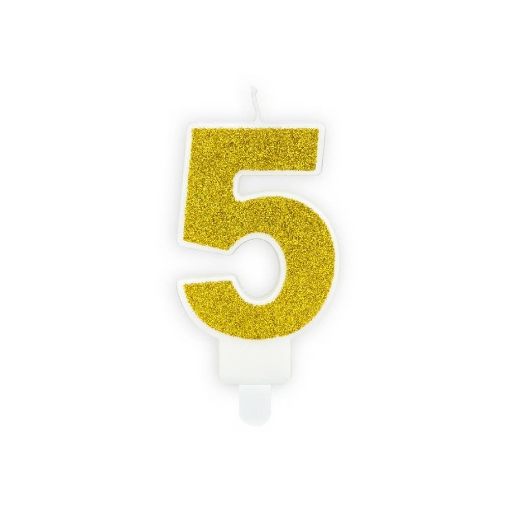 5 Jaar Kaarsje Goud & Glitter - per stuk - 7 cm