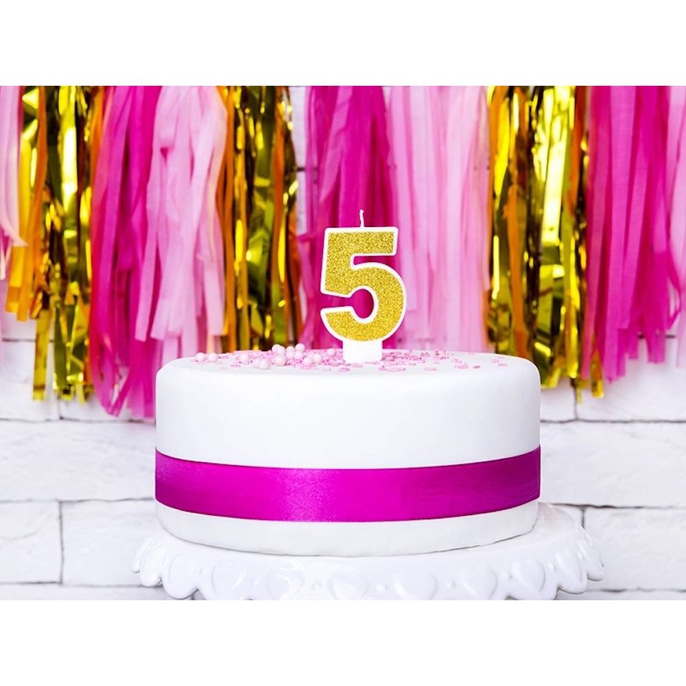 5 Jaar Kaarsje Goud & Glitter - per stuk - 7 cm