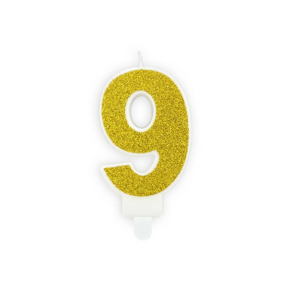 9 Jaar Kaarsje Goud & Glitter - per stuk - 7 cm
