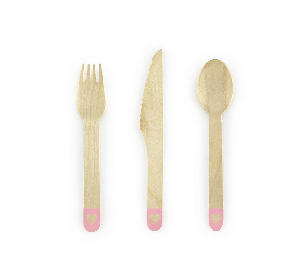 Houten Bestek Roze met Hartje - 18 stuks - Wegwerpbestek