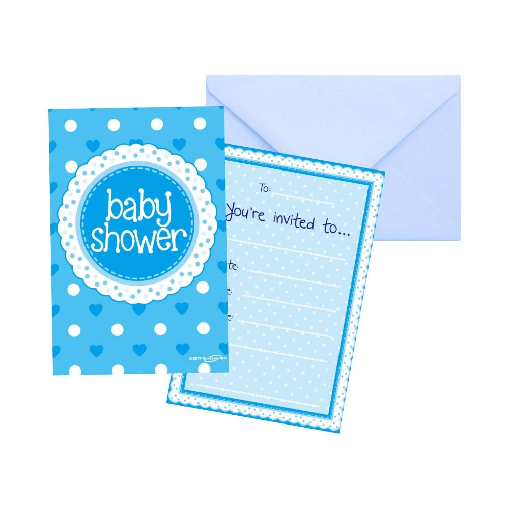 Baby Shower Uitnodigingen Dots & Hearts Blue - 8 stuks - Babyshower Feestartikelen