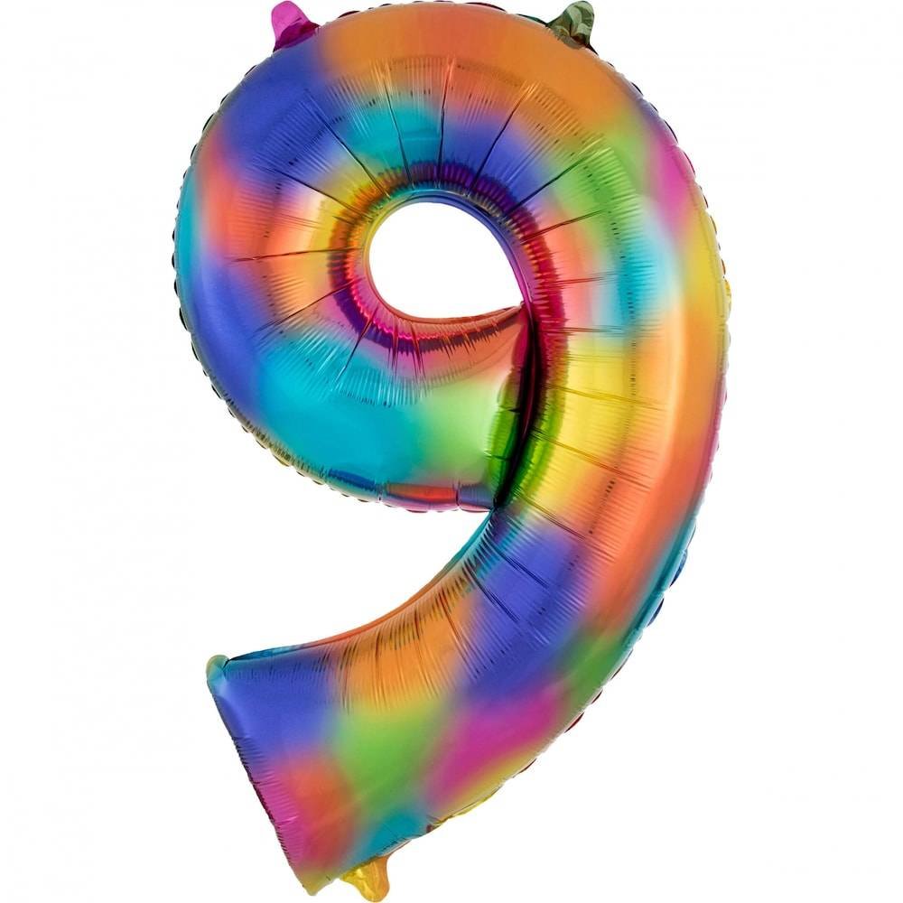 XL Cijfer 9 Folieballon Rainbow Splash - 86 cm