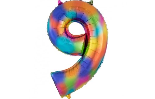 XL Cijfer 9 Folieballon Rainbow Splash - 86 cm