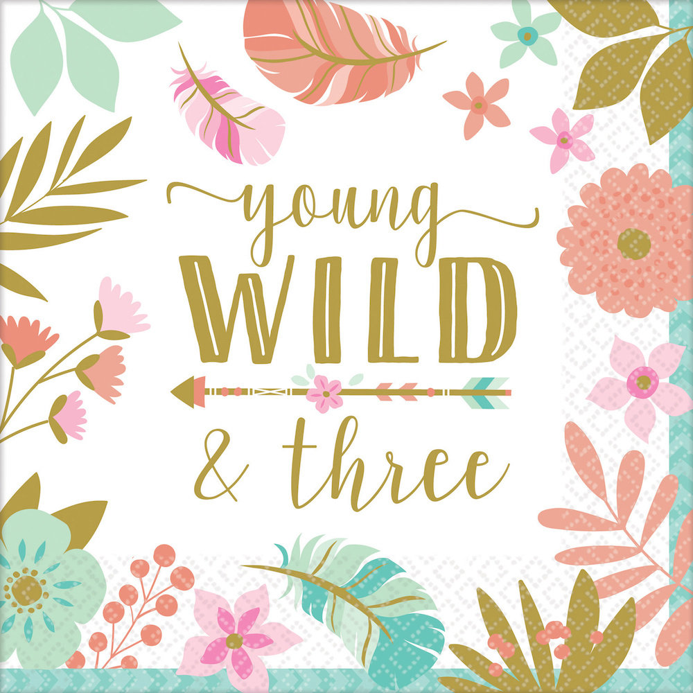Boho Birthday Servetten 'Young Wild & Three' - 16 stuks - Boho Chic 3e verjaardag