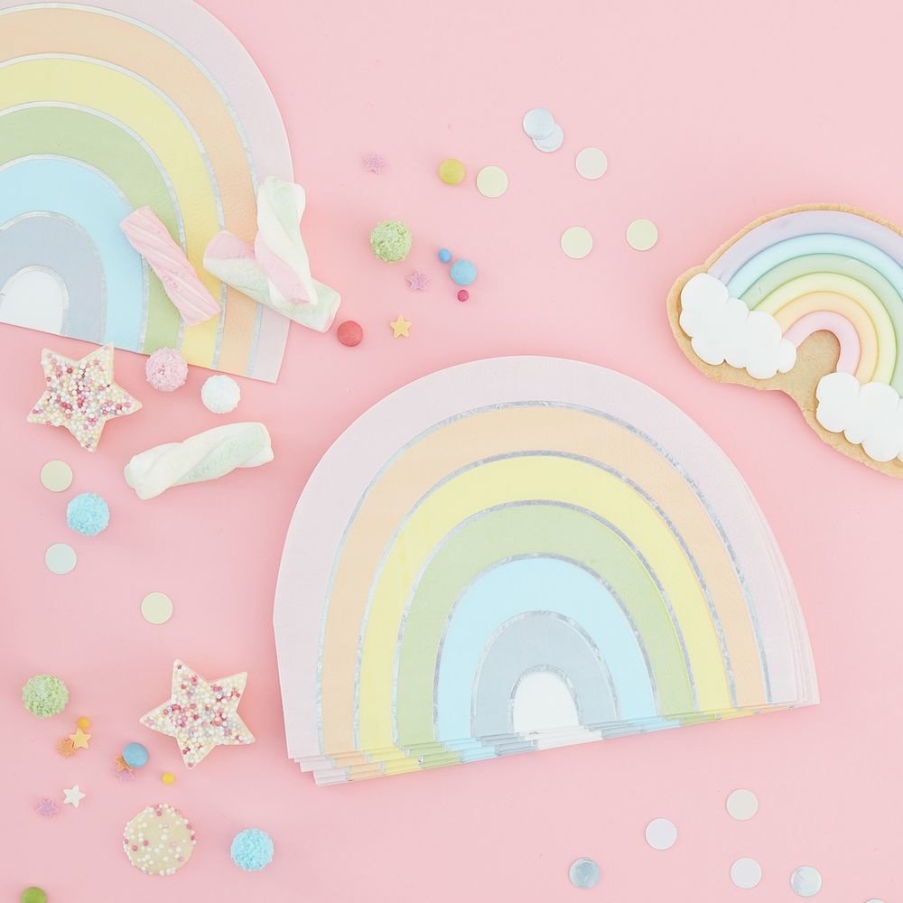 Pastel Rainbow Servetten - 16 stuks - Regenboog pastel feestartikelen
