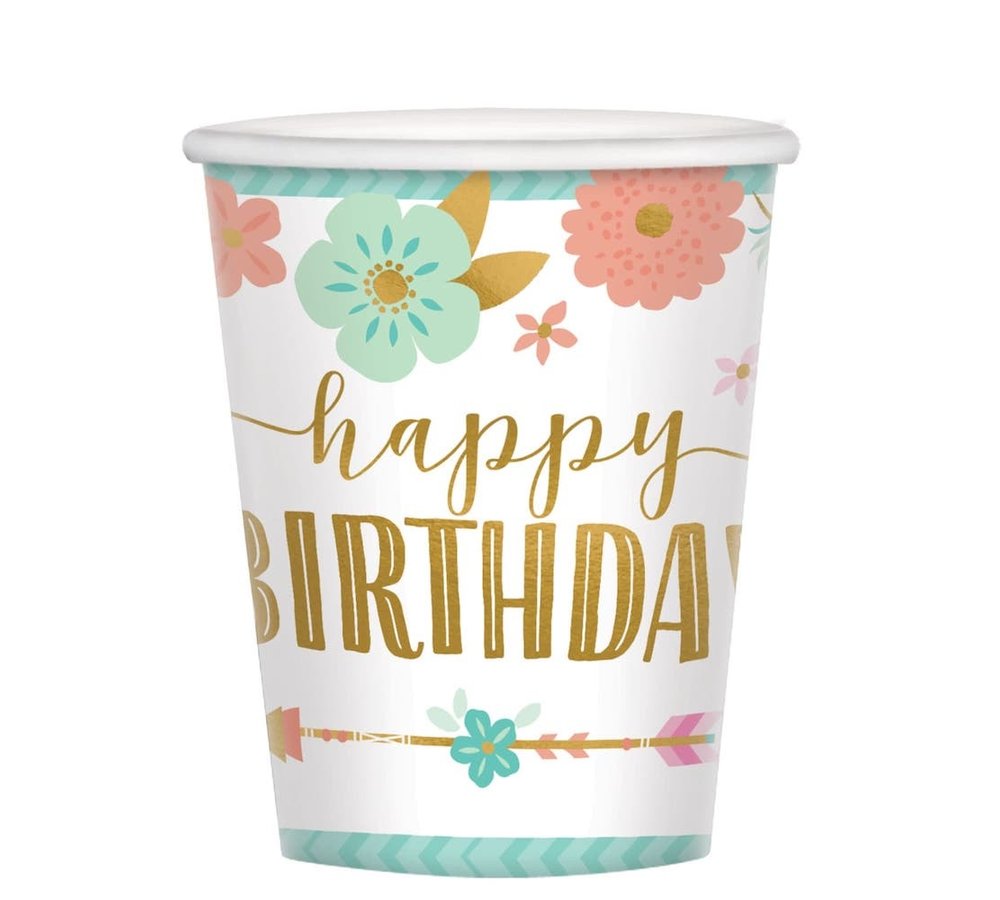 Boho Birthday Bekers 'Happy Birthday' - 8 stuks - Boho Chic verjaardag