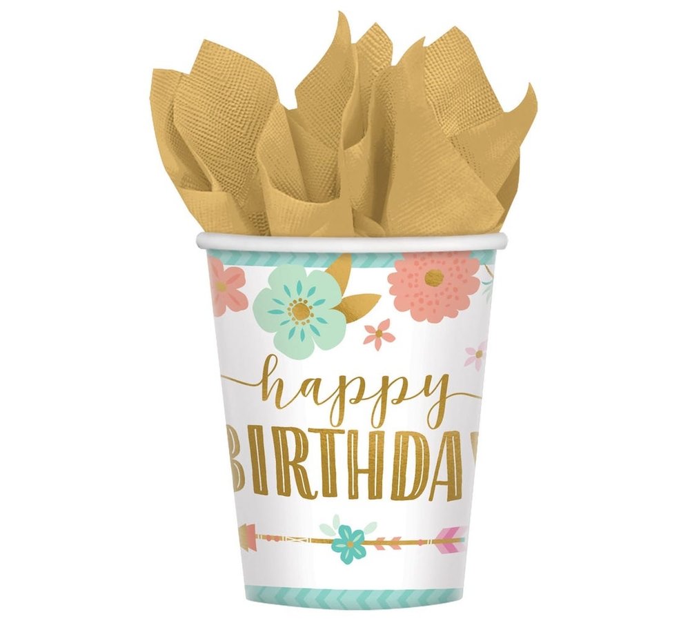 Boho Birthday Bekers 'Happy Birthday' - 8 stuks - Boho Chic verjaardag