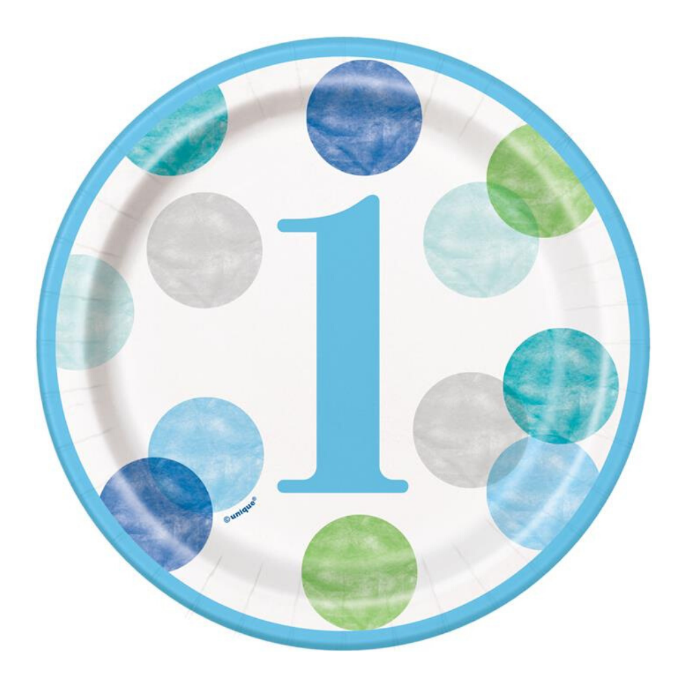 1 Jaar Dots Blauw Bordjes - 8 stuks - First Birthday Dots