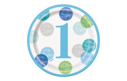 1 Jaar Dots Blauw Bordjes - 8 stuks - First Birthday Dots