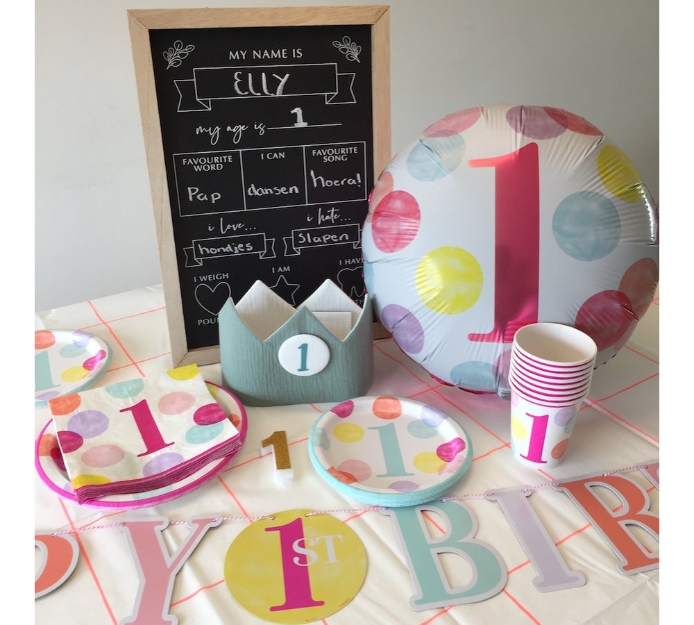 1 Jaar Dots Roze Folieballon - per stuk - First Birthday Dots