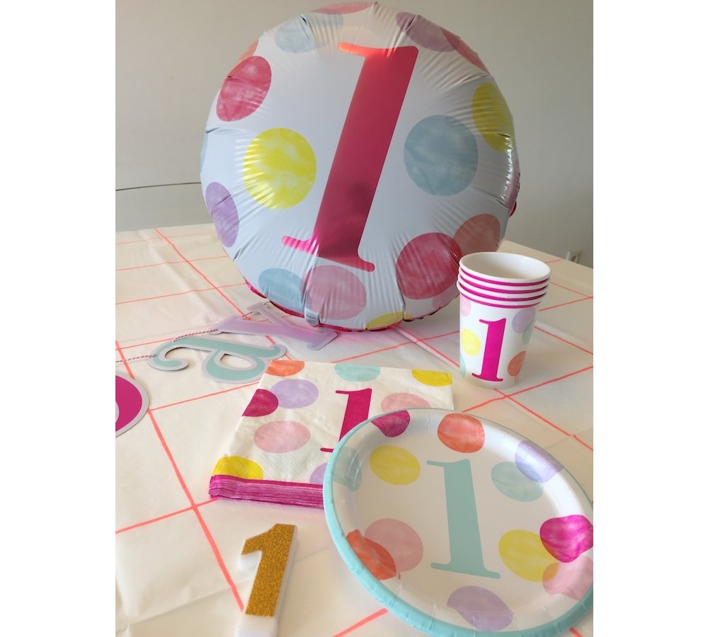 1 Jaar Dots Roze Folieballon - per stuk - First Birthday Dots