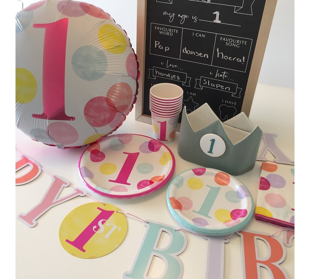 1 Jaar Dots Roze Folieballon - per stuk - First Birthday Dots