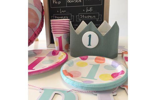 1 Jaar Dots Roze Bekers - 8 stuks - First Birthday Dots