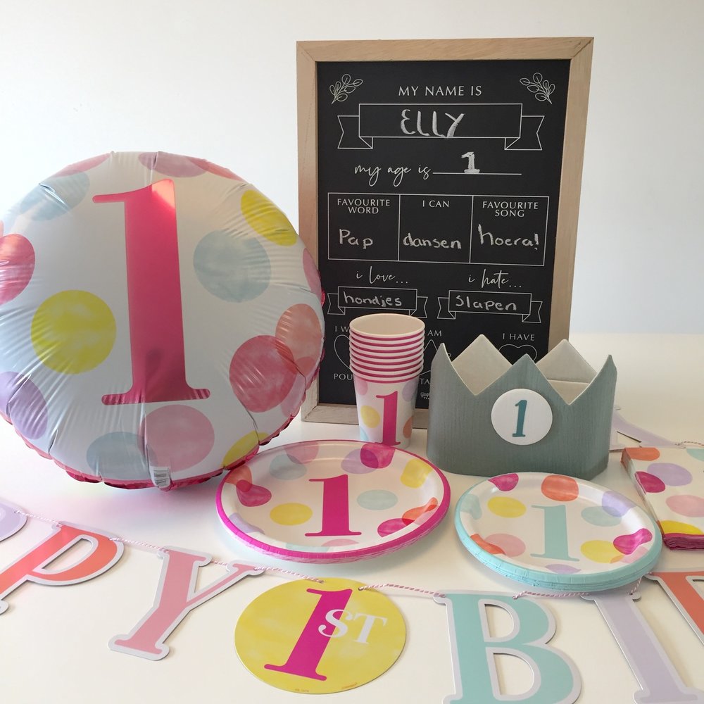 1 Jaar Dots Roze Bordjes - 8 stuks - First Birthday Dots