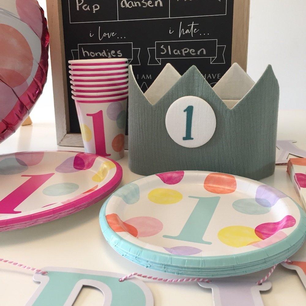 1 Jaar Dots Roze Bordjes - 8 stuks - First Birthday Dots