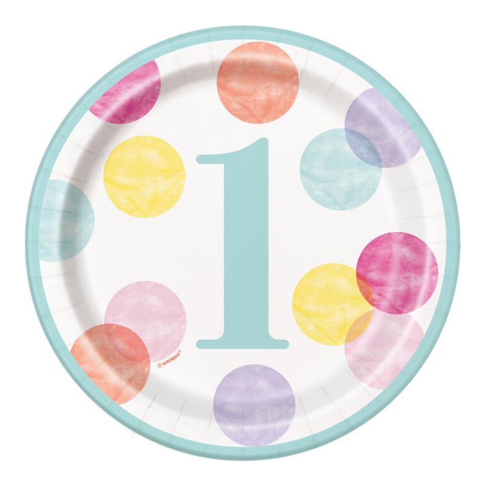 1 Jaar Dots Roze Bordjes - 8 stuks - First Birthday Dots