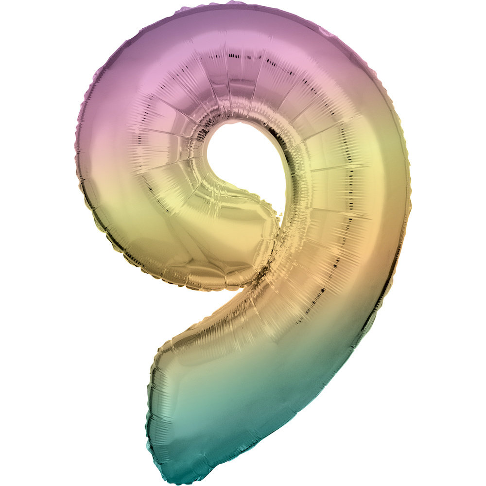 XL Cijfer 9 Folieballon Pastel Regenboog - 86 cm