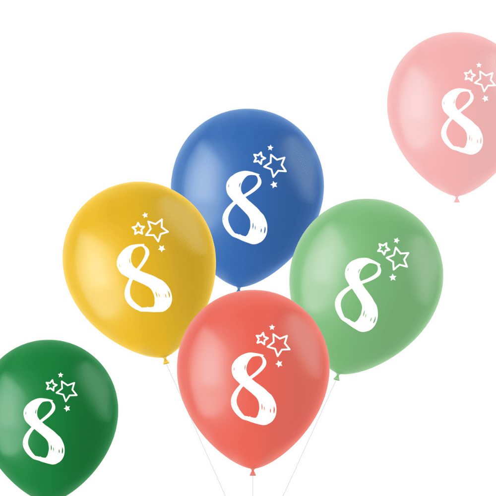Ballonnen Retro 8 Jaar - 6 stuks - cijfer ballonnen