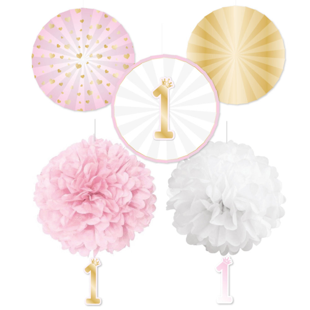 1st Birthday Hearts Pink Decoratie Set - set van 5 - 1 jaar roze