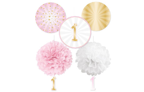 1st Birthday Hearts Pink Decoratie Set - set van 5 - 1 jaar roze