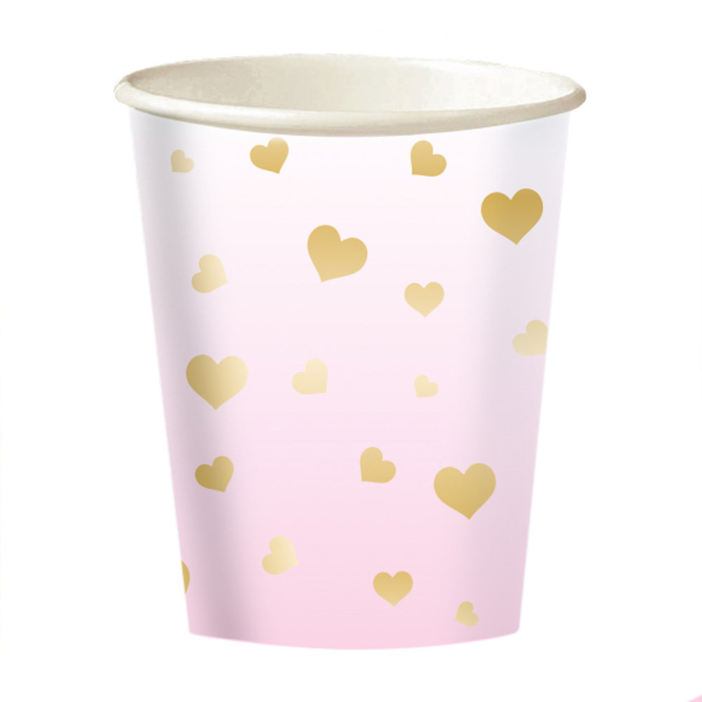 Hearts Pink Bekers - 8 stuks - Roze en gouden feestartikelen